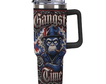 40oz Gangsta Time Tumbler, Ape Chicano Style Travel Mug, Lowrider Urban Insulated Cup, Tattoo Art Stainless Drinkware Streetwear Travel Gift