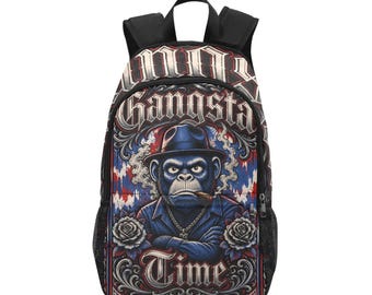 Gangsta Time Backpack, Ape Chicano Style School Bag, Lowrider Urban Daypack, Tattoo Art Graphic Bookbag Streetwear Gangster Travel Gift