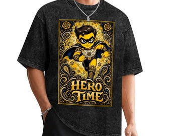 Hero Time Graphic Tee, Superhero Chicano Paisley Shirt, Lowrider Urban Streetwear Shirt, Vintage Filigree Graphic Acid Wash T Shirt Gift