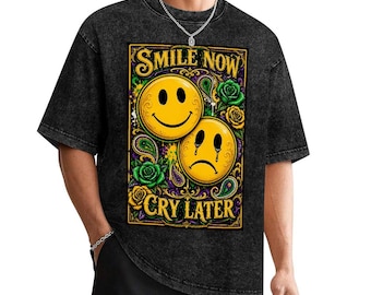 Smile Now Cry Later Graphic Tee, Chicano Style Paisley Shirt, Lowrider Urban Streetwear Tee, Tattoo Art Acid Wash Graphic T Shirt Gift