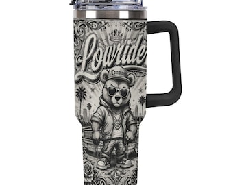 Lowrider Compton 40oz Tumbler, Chicano Bear Travel Mug with Handle, LA Street Straw Cup, Urban Style Drinkware