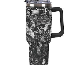 Vato Loco Raider 40oz Tumbler, Chicano Skull Travel Mug with Handle, Respect Loyalty Straw Cup, Urban Street Style Drinkware