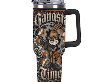 40oz Gangsta Time Tumbler, Bunny Chicano Style Travel Mug, Lowrider Urban Insulated Cup, Tattoo Art Stainless Drinkware Streetwear Gift