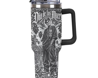 Vato Loco Raider 40oz Tumbler, Chicano Skull Travel Mug with Handle, Respect Loyalty Straw Cup, Urban Street Style Drinkware