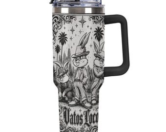 Vatos Locos Bunny 40oz Tumbler, Chicano Rabbit Travel Mug with Handle, LA Street Straw Cup, Urban Style Drinkware
