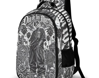 Dia De Los Muertos Backpack, Chicano Cemetery Travel Bag, Rest In Peace Bookbag, Urban Style Daypack