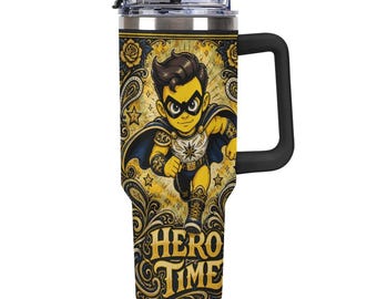 40oz Hero Time Tumbler, Superhero Chicano Paisley Travel Mug, Lowrider Insulated Cup, Filigree Stainless Drinkware Kids Travel Gift