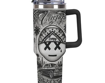 Creepy 40oz Tumbler, Chicano Bandana Travel Mug with Handle, LA Street Straw Cup, Urban Style Drinkware