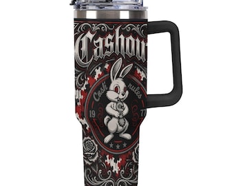40oz Cashout Tumbler, Bunny Chicano Style Travel Mug, Lowrider Urban Insulated Cup, Tattoo Art Stainless Drinkware Streetwear Travel Gift
