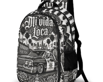 Mi Vida Loca Backpack, Chicano Varrio Travel Bag, East LA Police Car Bookbag, Urban Style Daypack