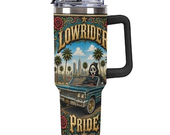 Lowrider Pride 40oz Tumbler, Ghostface Travel Mug with Handle, Chicano Straw Cup, Urban Street Style Drinkware