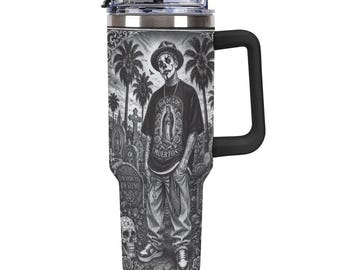 Vato Loco Raider 40oz Tumbler, Chicano Skull Travel Mug with Handle, Respect Loyalty Straw Cup, Urban Street Style Drinkware