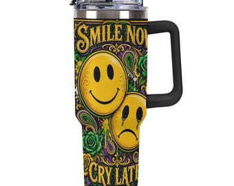 40oz Smile Now Cry Later Tumbler, Chicano Paisley Travel Mug, Lowrider Urban Insulated Cup, Tattoo Art Stainless Drinkware Travel Gift