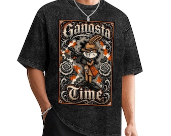 Gangsta Time Graphic Tee, Bunny Chicano Style Shirt, Lowrider Urban Streetwear Tee, Vintage Tattoo Art Acid Wash Graphic T Shirt Gift