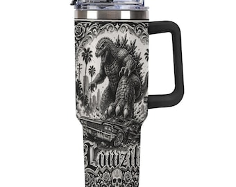 Lowzilla 40oz Tumbler, Kaiju Monster Travel Mug with Handle, Chicano Lowrider Straw Cup, Urban Street Style Drinkware