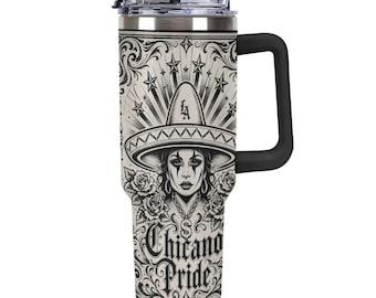 Chicano Pride 40oz Tumbler, Sombrero Woman Travel Mug with Handle, LA Street Straw Cup, Urban Style Drinkware