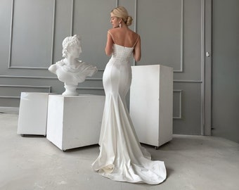 satin wedding dress, fit and flare bridal gown with cowl neck, minimal chic bridal gown, modern chic wedding dress, fishtail wedding dress