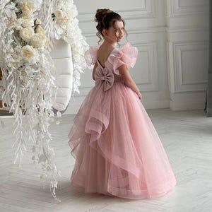 abito da concorso per bambina color cipria, abito da damigella d&#39;onore junior scintillante con maniche a farfalla, abito da principessa per damigella d&#39;onore, abito da cerimonia per bambini