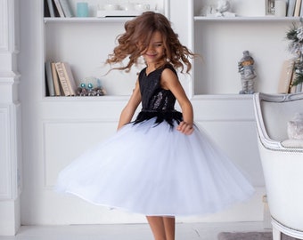 black and white ballerina dress for girls, sequin flower girl dress tea length, birthday dress for girls, girls special occasion dress