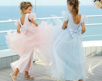 vestido de niña de las flores color rosa pálido con plumas, vestido tutú de Pascua azul claro para niñas, vestido de cumpleaños tutú de tul para niñas pequeñas, vestido formal sencillo para niñas