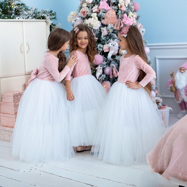 flower girl dress simple, warm flower girl dress, blush velvet flower girl dress with long sleeves, modest flower girl dress for toddler