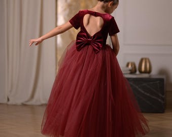 burgundy velvet flower girls dress for winter, fall wedding junior bridesmaid dress, kids simple wedding guest dress with short sleeves
