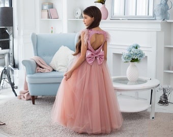 pailletten bloemenmeisje jurk, roségouden bloemenmeisje jurk, tule junior bruidsmeisjesjurk met struisvogelveren, elegante meisjesjurk voor optocht