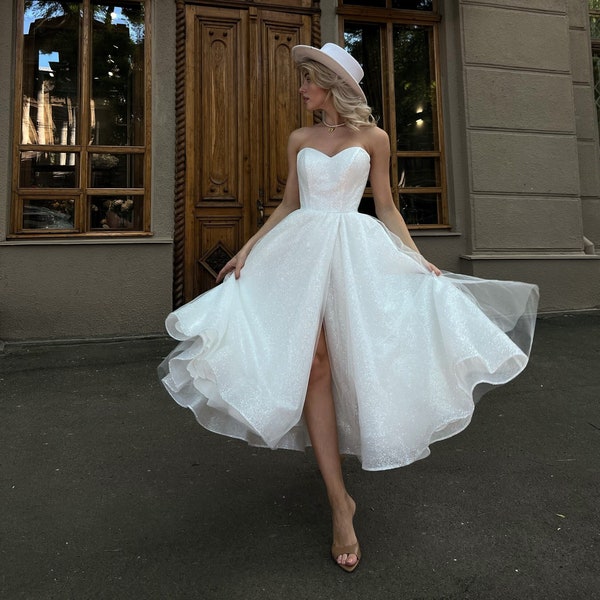 short wedding dress, 1950s inspired wedding reception dress midi, swing skirt sparkle wedding dress, silver white ballerina wedding dress