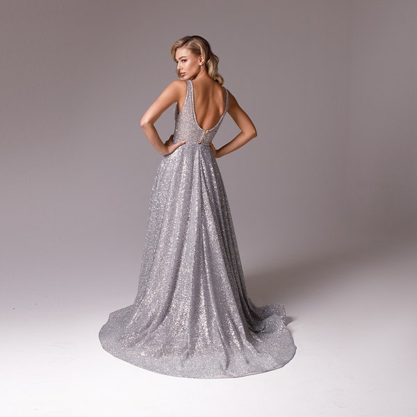 sparkly wedding dress silver gray, plunge neck shimmering bridal gown with crystal beads, A-line bridal gown for destination wedding