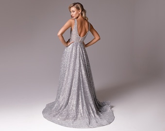 sparkly wedding dress silver gray, plunge neck shimmering bridal gown with crystal beads, A-line bridal gown for destination wedding