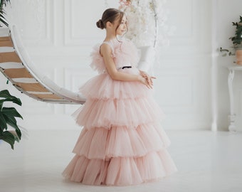 tiered flower girl dress in blush, preteen pageant ball gown dress, ruffle junior bridesmaid dress, mini bride princess like white dress