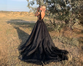 black wedding dress, gothic wedding dress, hand beaded floral lace bridal gown with ostrich feathers, alternative wedding dress backless