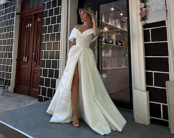 satin wedding dress, pleated skirt off shoulder wedding dress, ballroom wedding dress with portrait collar, Hollywood inspired bridal gown