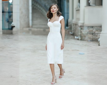 minimalist wedding dress with cap sleeves, city hall wedding dress, rehearsal dinner dress, civil wedding dress, courthouse wedding dress