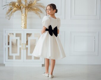 short flower girl dress for toddler, clean lines satin flower girl dress in ivory, retro inspired flower girl dress, kids formal event dress