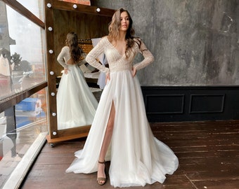 Vestido de novia corte A, vestido de novia de encaje de lentejuelas, vestido de novia de manga larga, vestido de novia boho, vestido de novia de encaje y tul