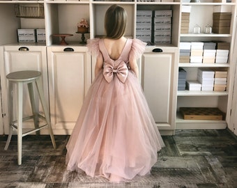 blush flower girl dress with feathers, hot pink flower girl dress, satin and tulle junior bridesmaid dress ivory, ceremony dress for girls
