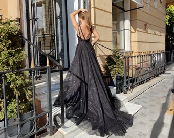 black wedding dress maxi, glitter lace plunge neck wedding dress, backless high slit wedding dress, A-line gothic wedding dress with train