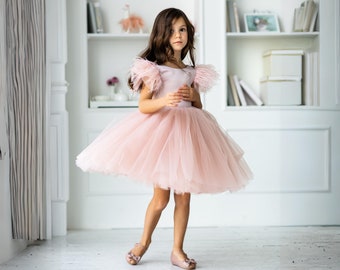 short flower girl dress blush, tulle flower girl dress white, cute flower girl dress for toddler, hot pink feather toddler tutu dress