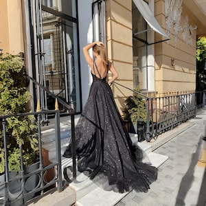 black wedding dress maxi, glitter lace plunge neck wedding dress, backless high slit wedding dress, A-line gothic wedding dress with train