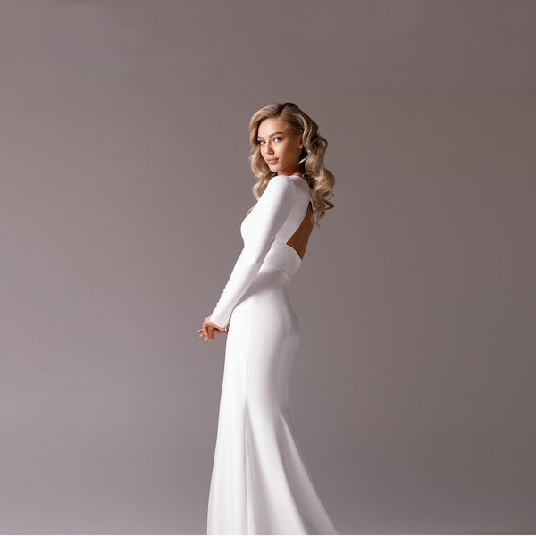 full sleeve elopement dress, winter wedding dress, casual wedding dress, fit and flare wedding dress, waist panel minimalist bridal gown