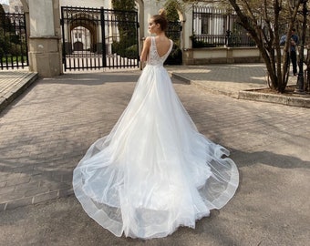 A-line wedding dress, feathered bridal gown, botanical lace wedding dress, tropical wedding dress sleeveless, destination wedding dress
