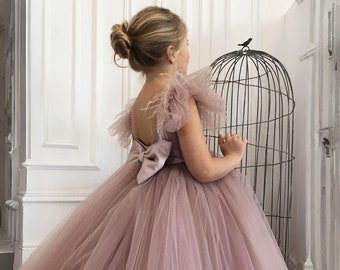 dusty rose flower girl dress, short flower girl dresses for toddler, birthday dress for girls, junior bridesmaid tulle dress with feathers