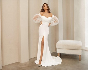 crepe wedding dress, off shoulder bridal gown, strapless column wedding dress, puff sleeve pleated bridal gown, minimalist wedding dress