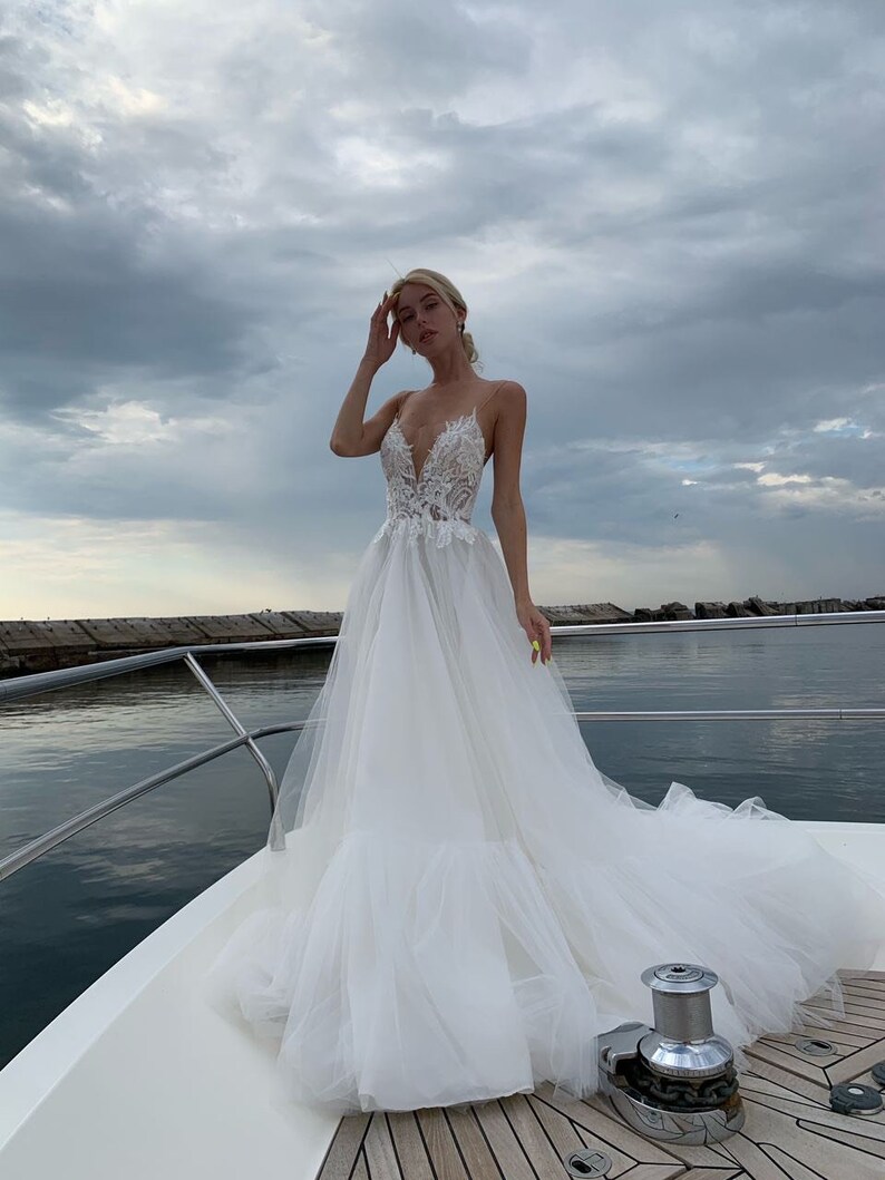 Lace tulle wedding dress spaghetti strap bridal gown light Etsy