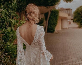 Lace Wedding Dress Boho Bell Sleeve 