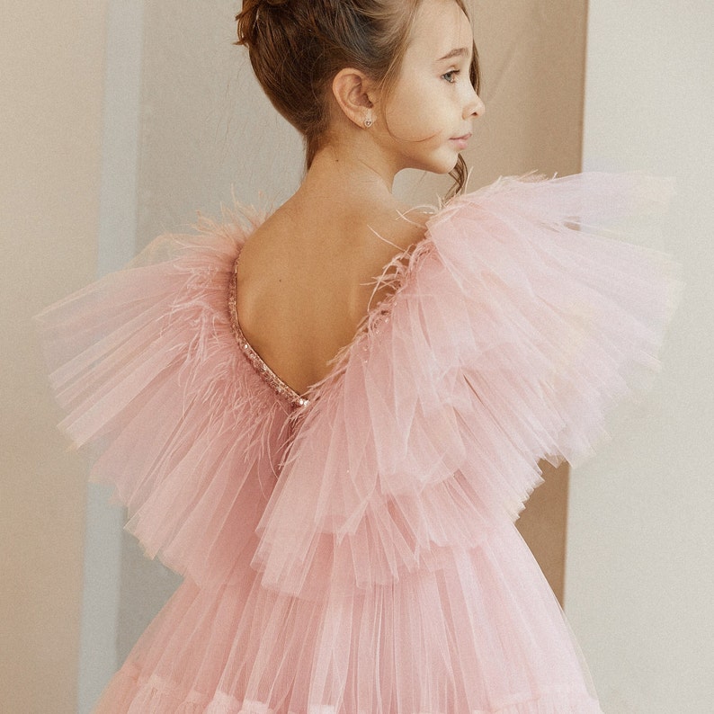 short flower girl dress with butterfly sleeve, sequin flower girl dress with feathers, wedding guest dress for girls, girls occasion dress Blush Pink