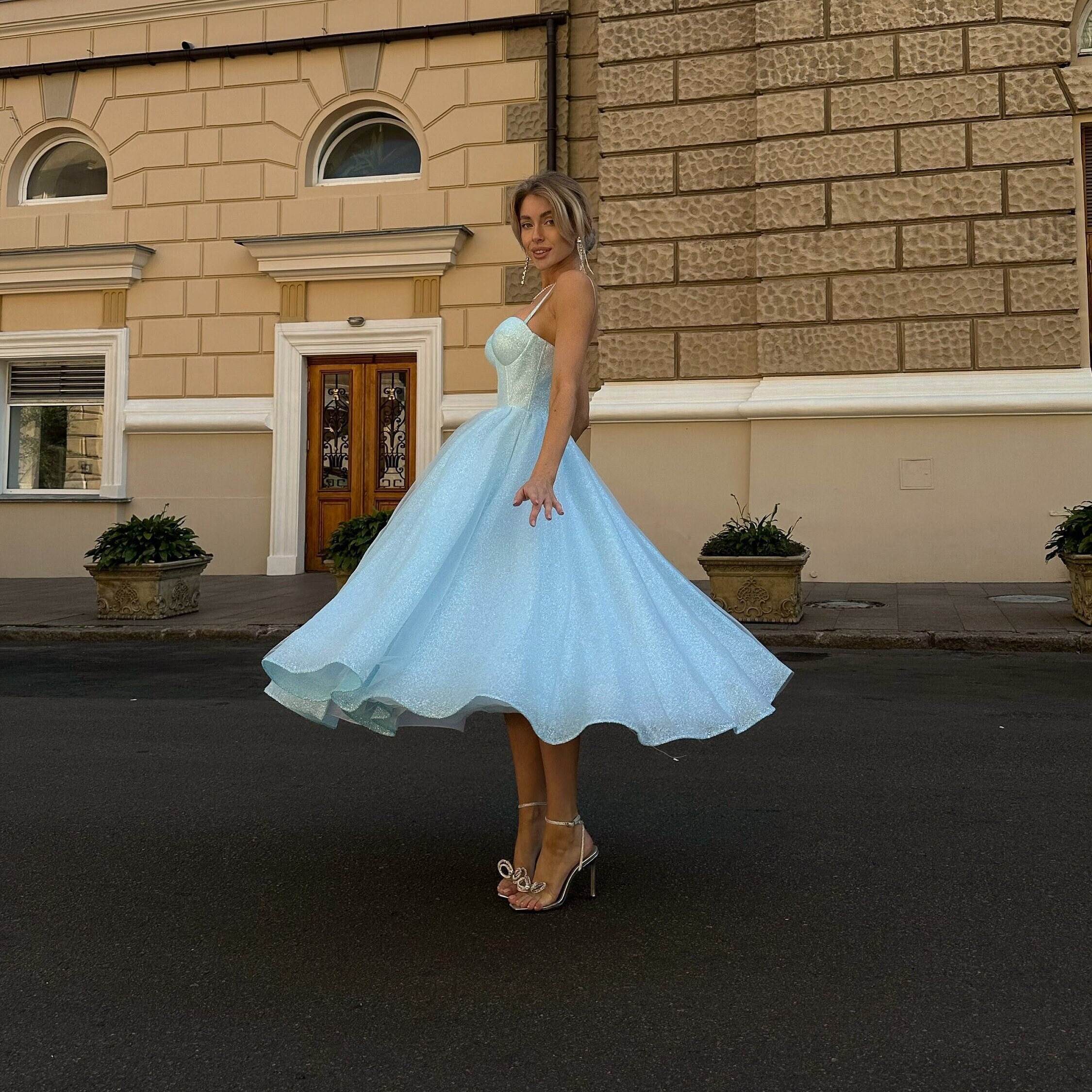 Blue Corset Tulle Prom Dress, Prom Ball Gown, Formal Midi Bustier