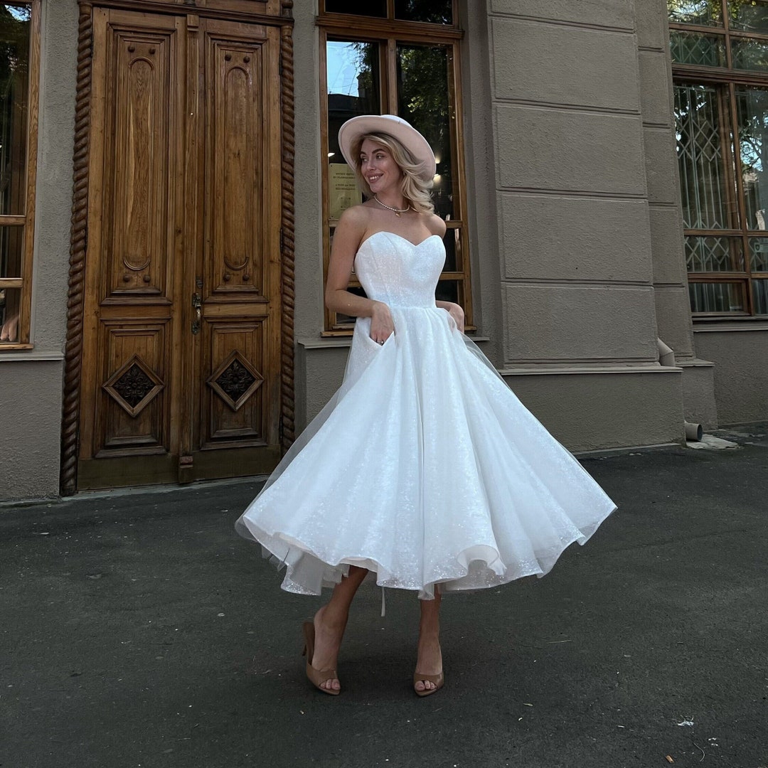 Sparkle Wedding Dress, 1950s Wedding Reception Dress Midi, Sweetheart ...
