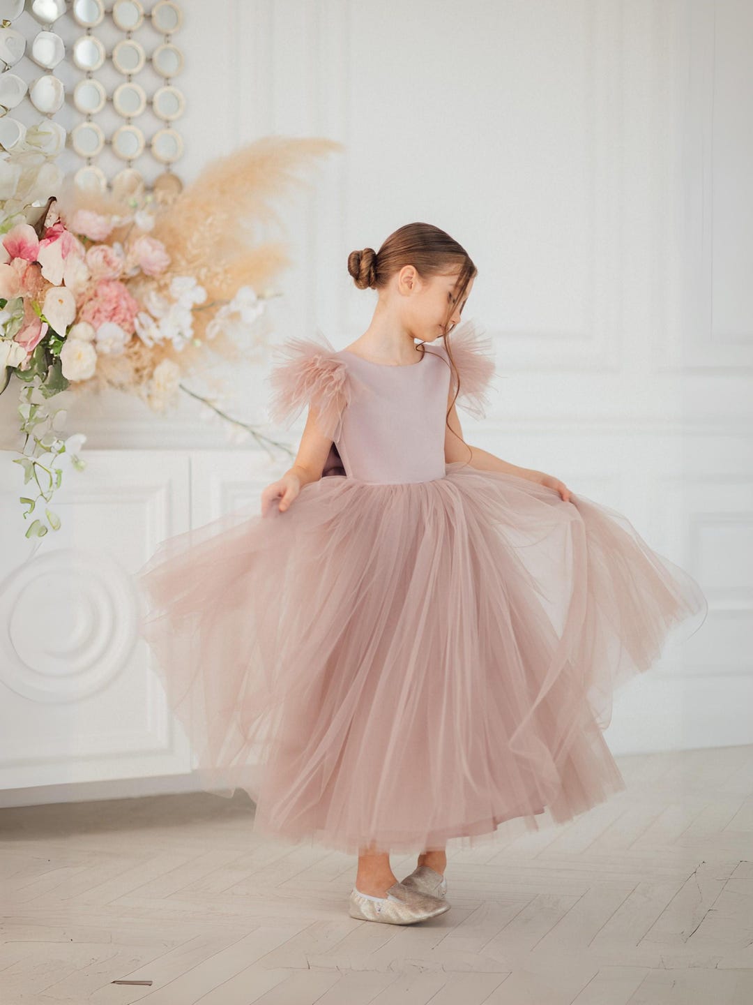 dusty pink tutu dress dusty rose flower girl dress, mauve junior bridesmaid dress, girls ceremony dress midi, toddler tutu flower girl dress with flutter sleeve